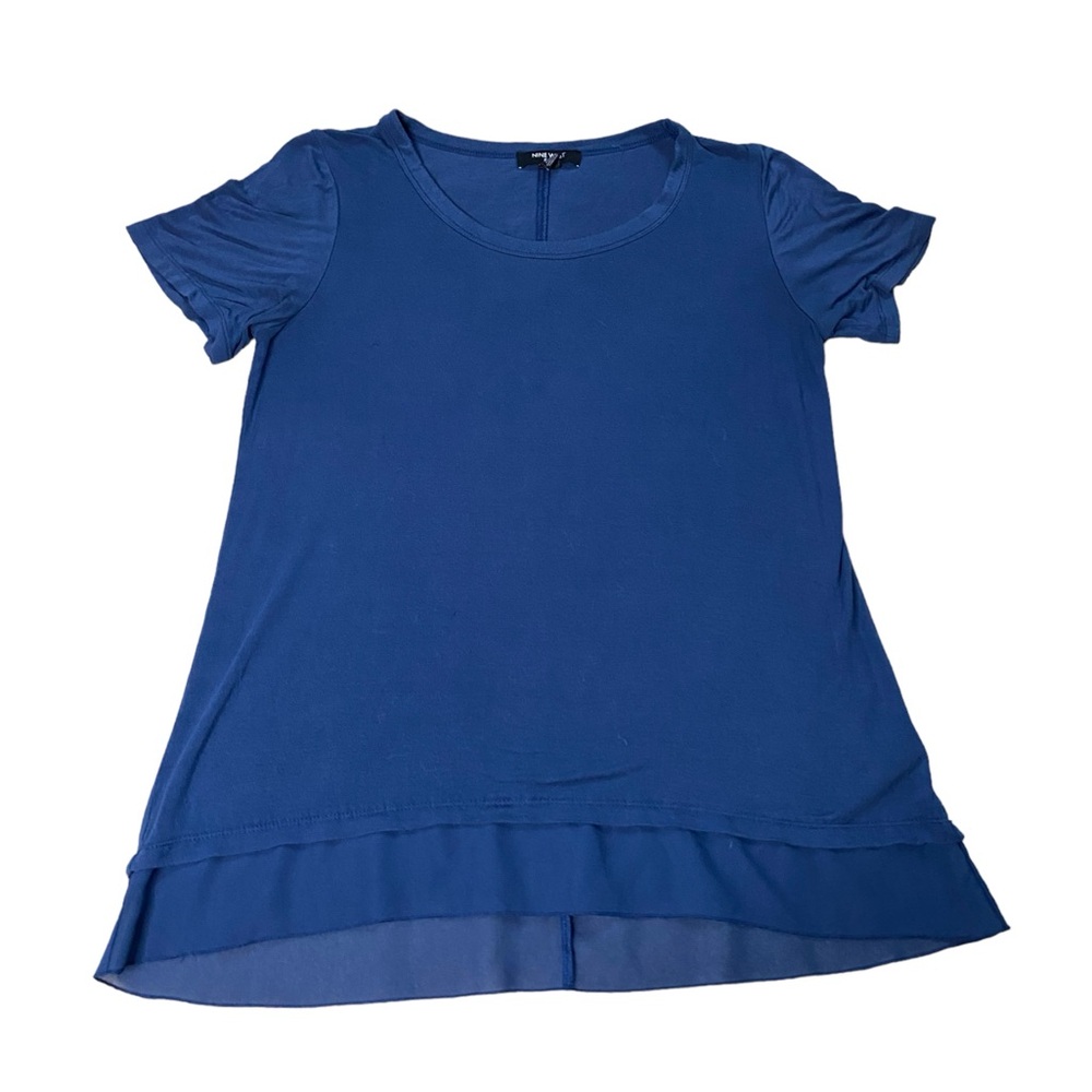 Nine West Jean Solid Blue Short Sleeve Medium Shirt
